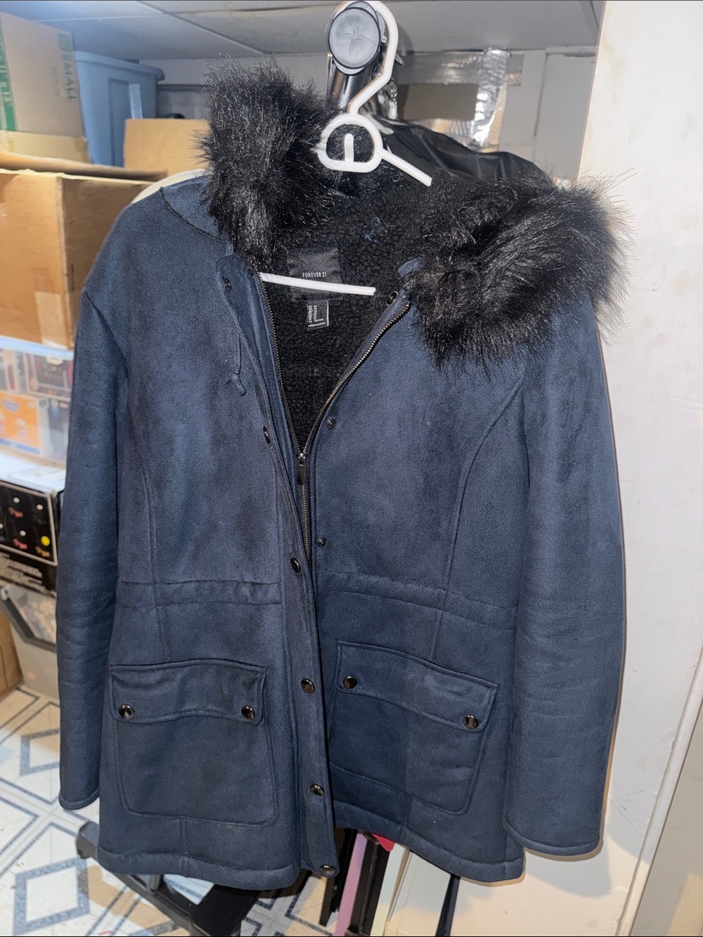 Forever 21 Navy Faux-Suede Trench Coat with Black Faux-Fur Hood